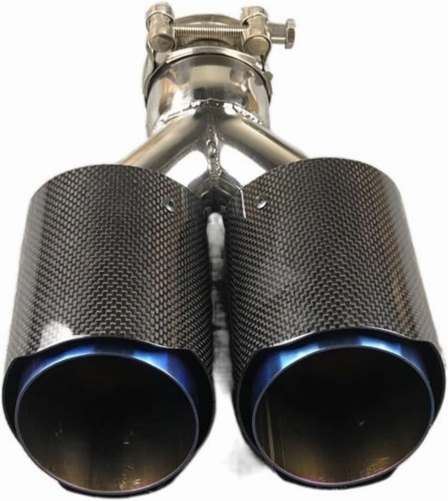 1 Piece Shiny Carbon Universal Y Model Double Tailpipe Nozzles Exhaust Tips Compatible For Akrapovic Blue Color Muffler Stainless Steel(In 54MM Out 114MM)