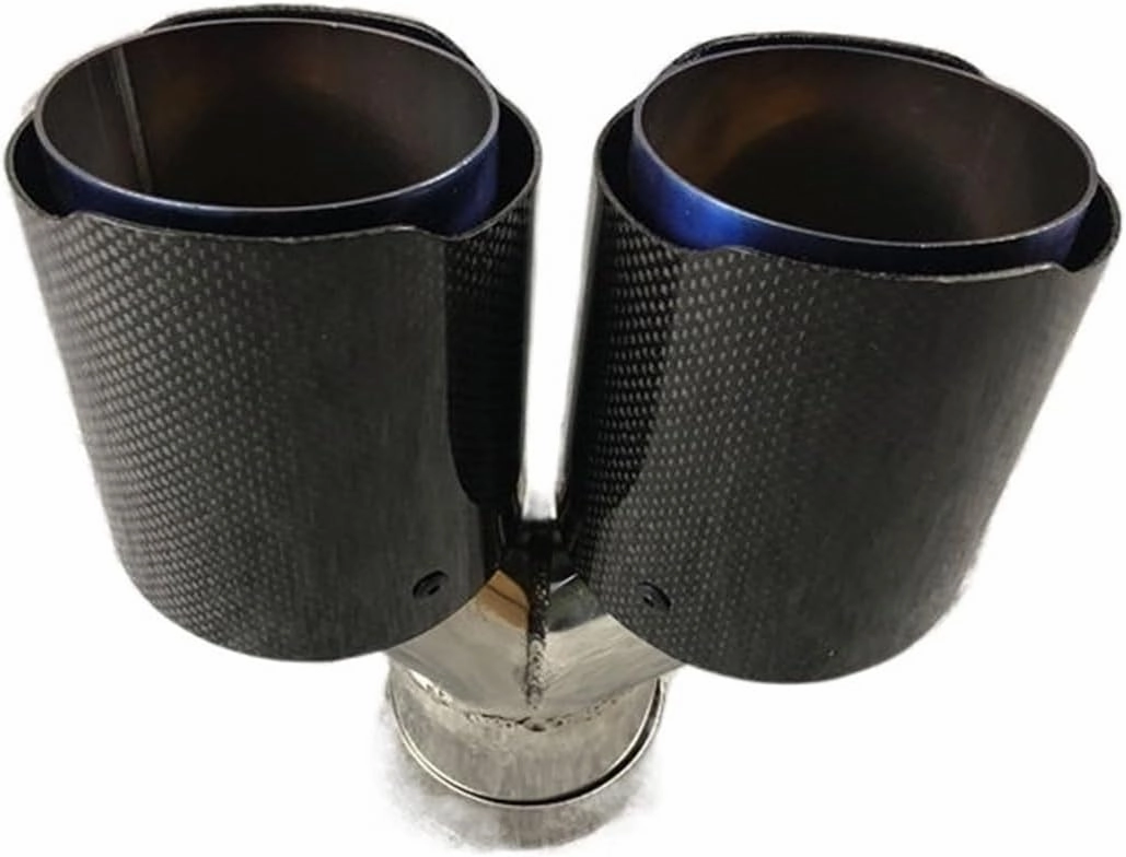 1 Piece Shiny Carbon Universal Y Model Double Tailpipe Nozzles Exhaust Tips Compatible For Akrapovic Blue Color Muffler Stainless Steel(In 54MM Out 114MM)