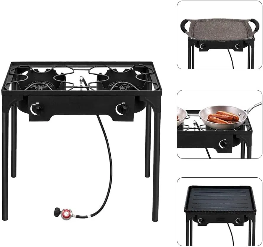 2 Burner Portable Camping Stove Propane Gas Cooker, 150000 BTU High Pressure Outdoor Stove with Cast Iron Head, 0-20 PSI Adjustable Regulator, Camping Gas Stove for Tailgating Party, Home Brewing