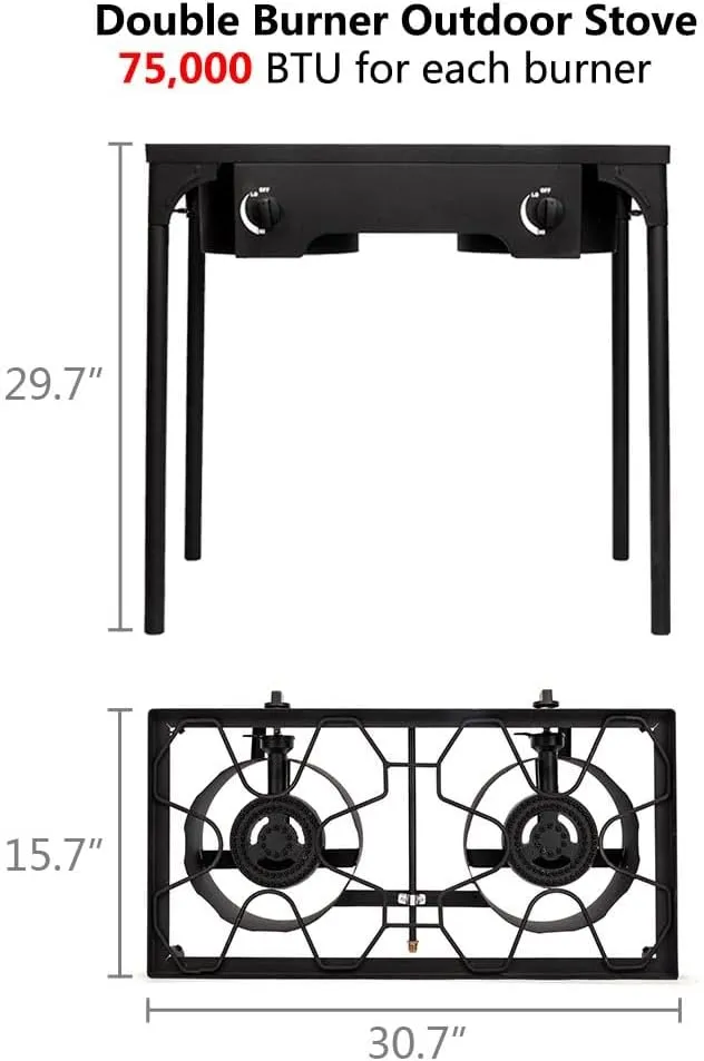 2 Burner Portable Camping Stove Propane Gas Cooker, 150000 BTU High Pressure Outdoor Stove with Cast Iron Head, 0-20 PSI Adjustable Regulator, Camping Gas Stove for Tailgating Party, Home Brewing