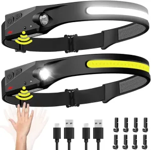 2-Pack Rechargeable Headlamp - 230° Wide Beam LED Head Light with Motion Sensor, Waterproof Flashlight for Camping, Hiking, Running, Repairing, Fishing, and Cycling