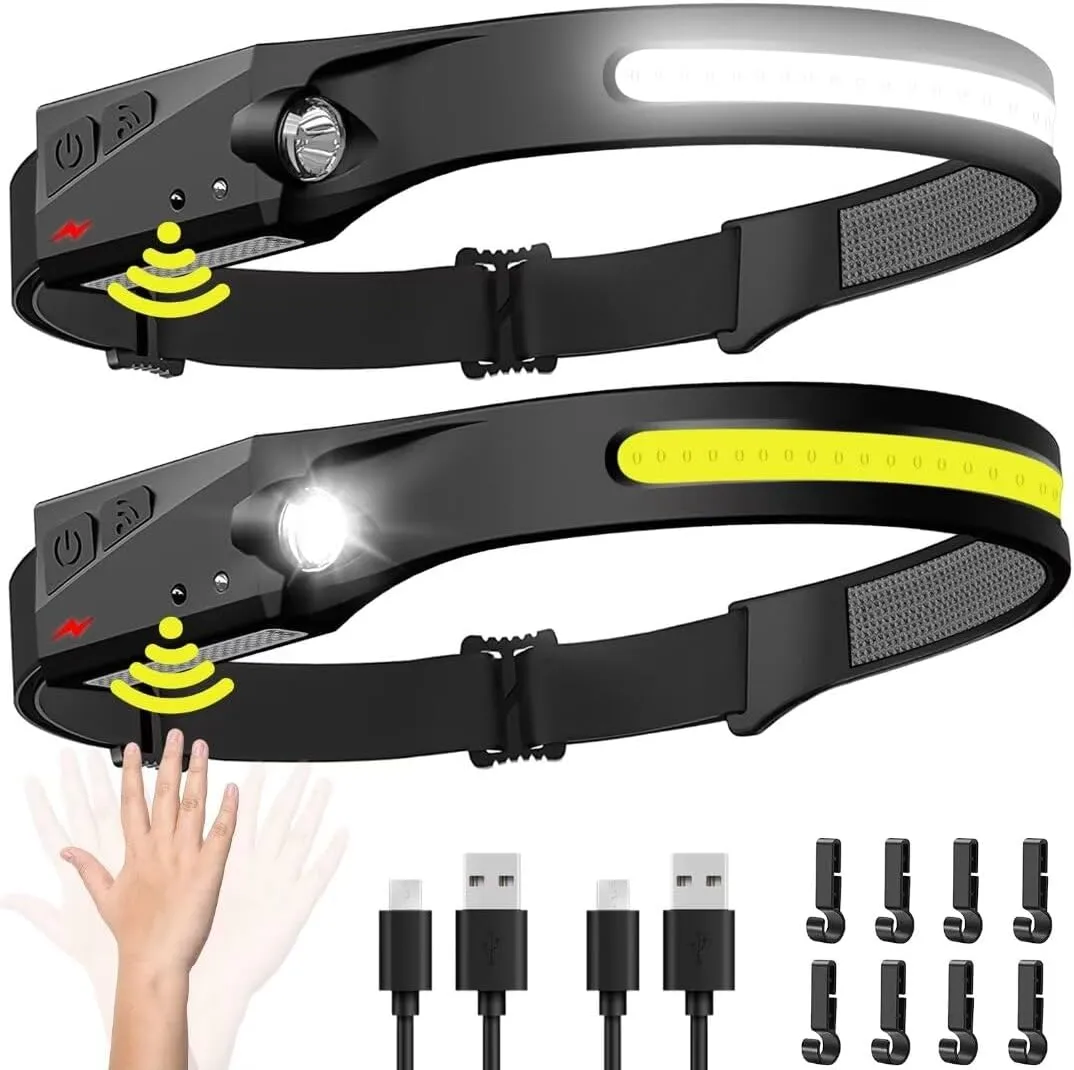 2-Pack Rechargeable Headlamp - 230° Wide Beam LED Head Light with Motion Sensor, Waterproof Flashlight for Camping, Hiking, Running, Repairing, Fishing, and Cycling