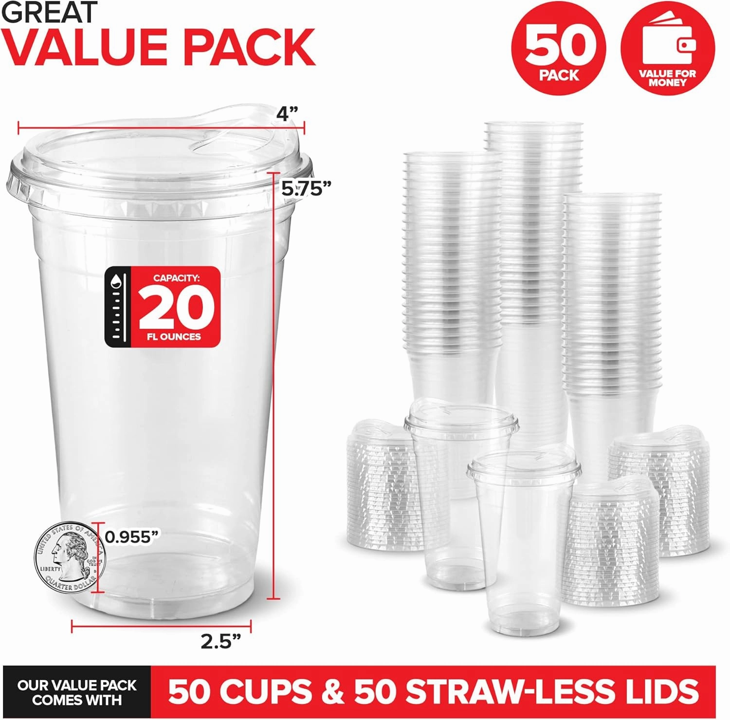 20 oz Clear Plastic Cups with Lids Disposable, Togo Drinking Cup with Strawless Sip Lid for Smoothie, Cold Brew Iced Coffee, Lemonade, Ice Latte, Boba, Party Drinks, Bulk, 20 Ounce (Set of 50)
