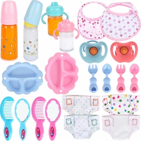 22 Pcs Baby Doll Accessories Set Include 4 Pcs Baby Bottle 2 Pcs Bibs 2 Pcs Nipple 4 Pcs Diapers with 10 Pcs Baby Doll Pretend Play Props Toys for Kids Birthday Gift Baby Doll