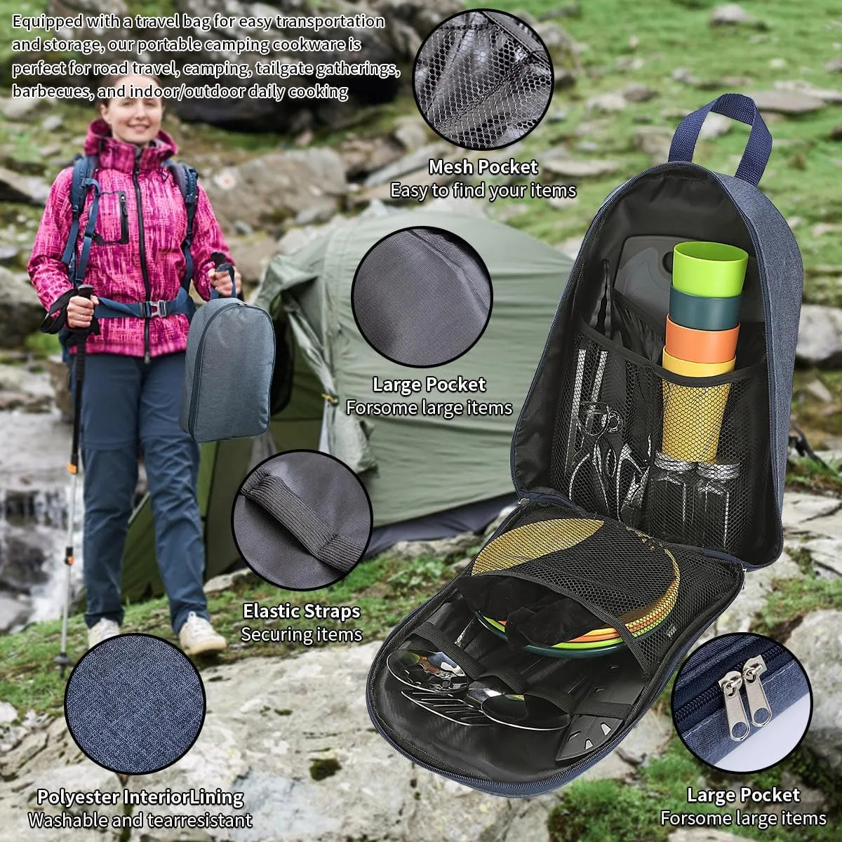 23 Pieces Cookware Kit,Portable Camping Cookware Set, Portable Outdoor Cooking and BBQ Ware for  Backpacking, Hiking  ﻿