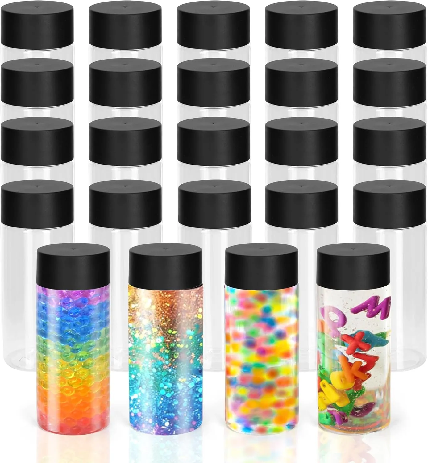 24 Pcs Clear Plastic Bottles Empty Sensory Bottles with Caps,10 Oz/ 300 ml PET Plastic Juice Reusable Leakproof Drink Container Bulk for Juice Milk (Black Lid)