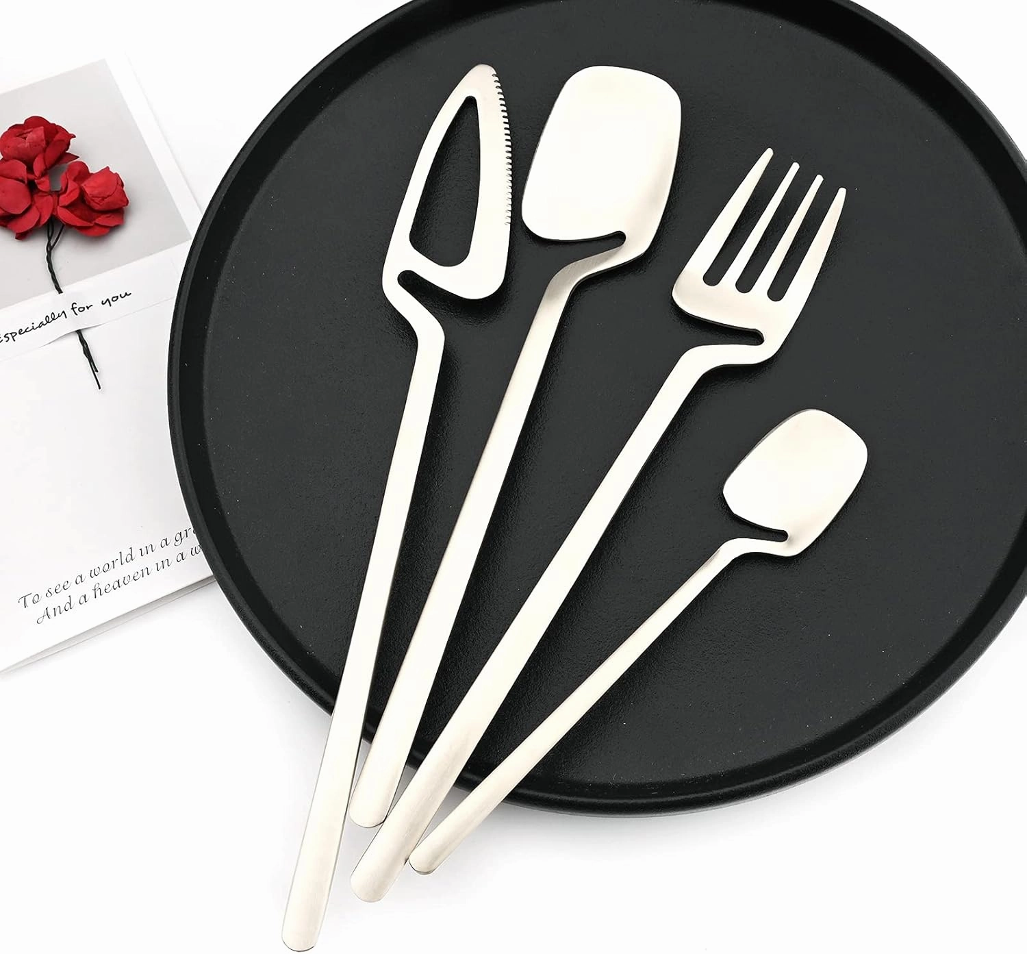 24piece Silver 304 Stainless Steel Silverware, Hangable & Unique Creation Dessert Tableware Kitchen Utensils Dinner Butter Knife Set Service For 6, Satin Finish