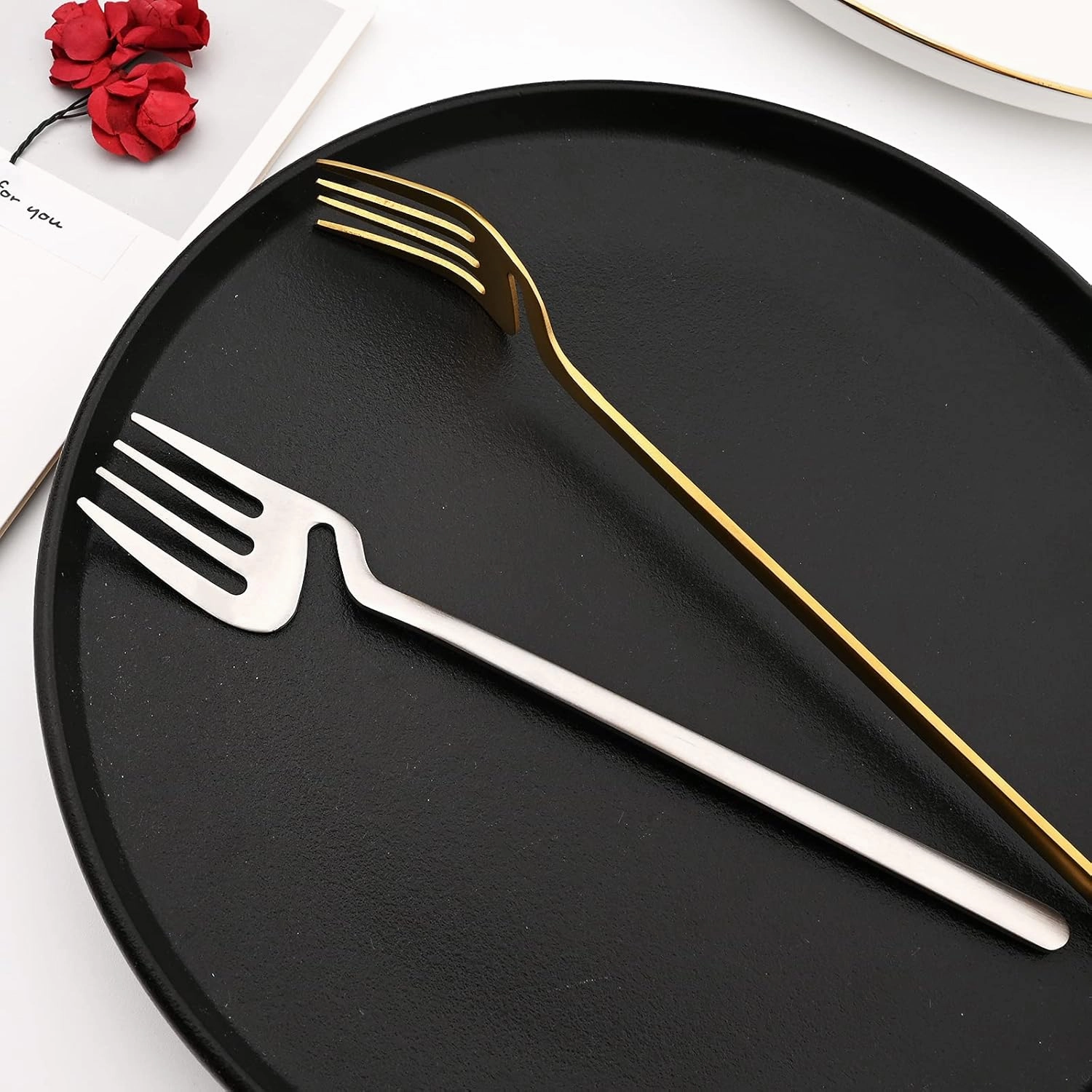 24piece Silver 304 Stainless Steel Silverware, Hangable & Unique Creation Dessert Tableware Kitchen Utensils Dinner Butter Knife Set Service For 6, Satin Finish