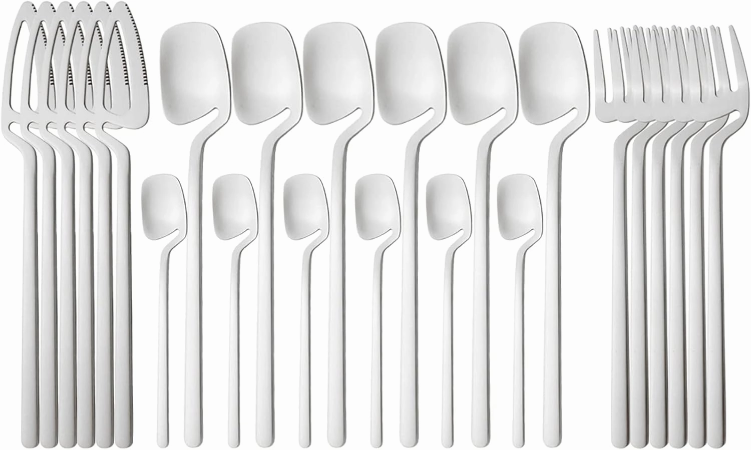 24piece Silver 304 Stainless Steel Silverware, Hangable & Unique Creation Dessert Tableware Kitchen Utensils Dinner Butter Knife Set Service For 6, Satin Finish