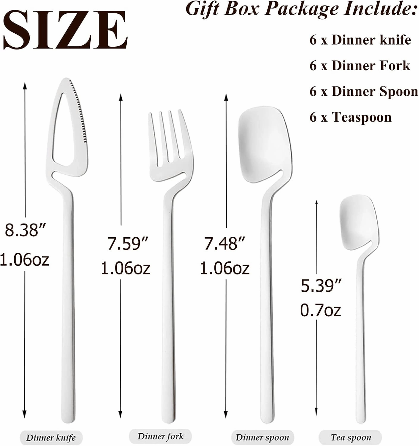 24piece Silver 304 Stainless Steel Silverware, Hangable & Unique Creation Dessert Tableware Kitchen Utensils Dinner Butter Knife Set Service For 6, Satin Finish