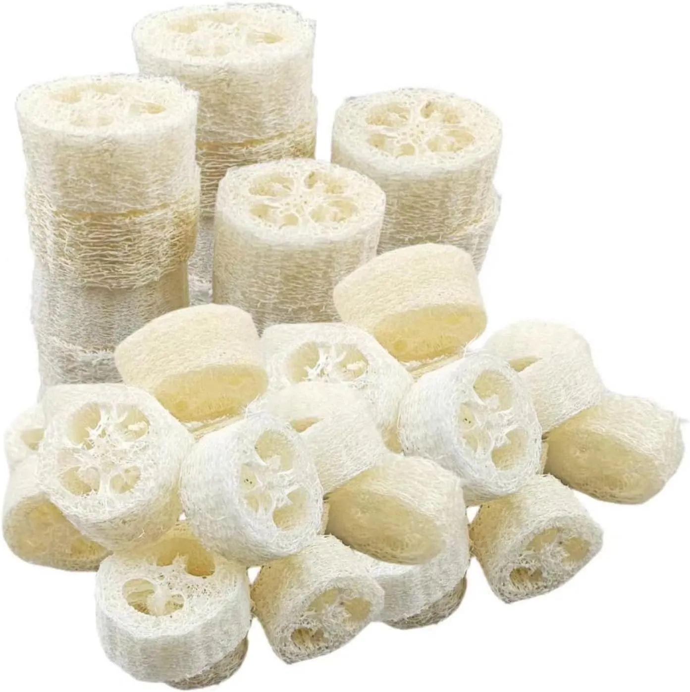 25PCS Natural Loofah Slices, Reusable Natural Loofah Cuts for Cleaner Sponge Scrubber, Facial Soap Holder and DIY Customize Soap Tools with 1 Storage Bag (Diameter 2In, Thick 1In)