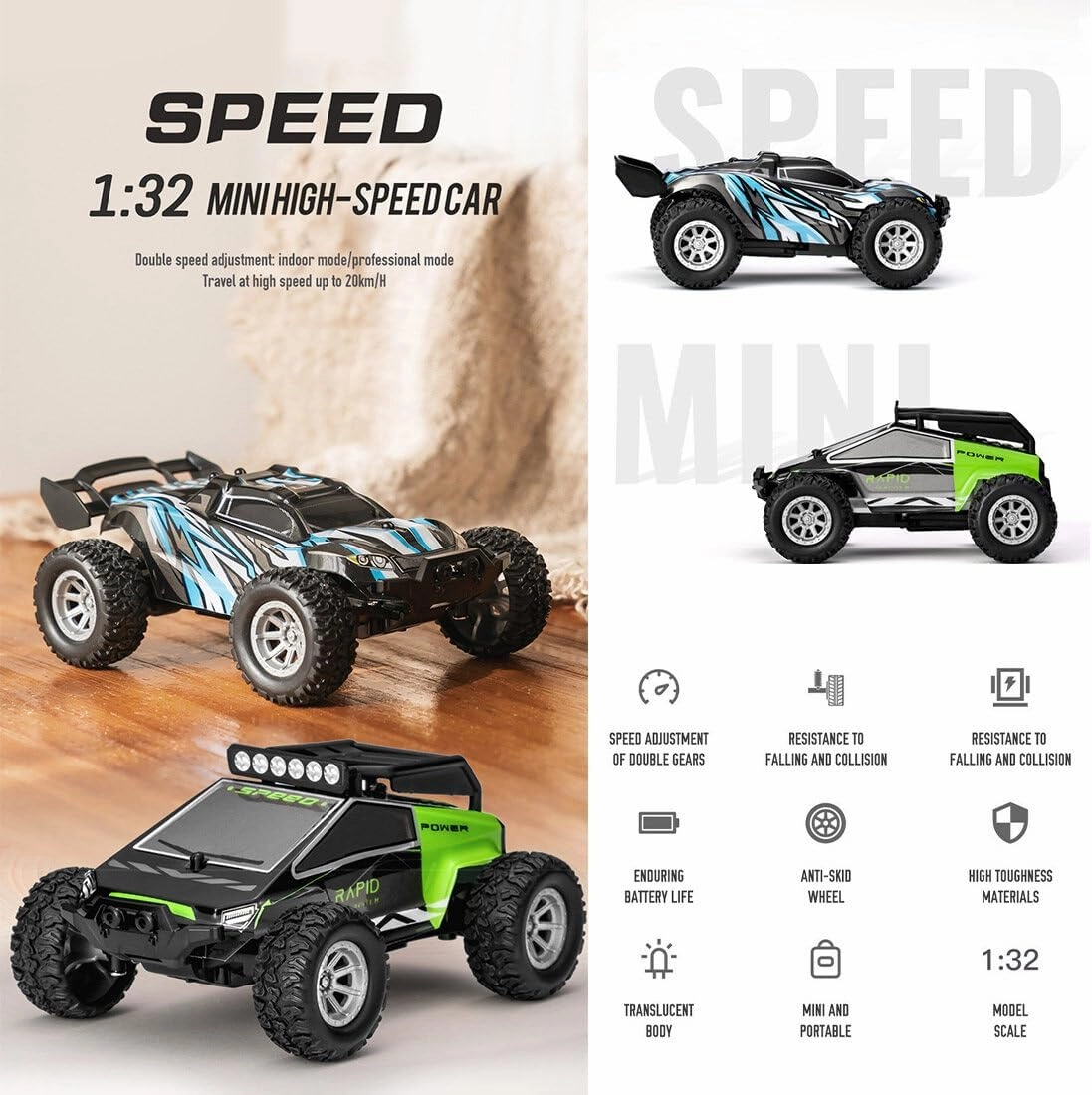 2.4G Remote Control RC Drift Off-Road Vehicle, 1/32 Scale Mini Electric 4WD RC Drift Off Road Truck High Speed Crawler Car for Teens Adults - (RTR Version/Green)
