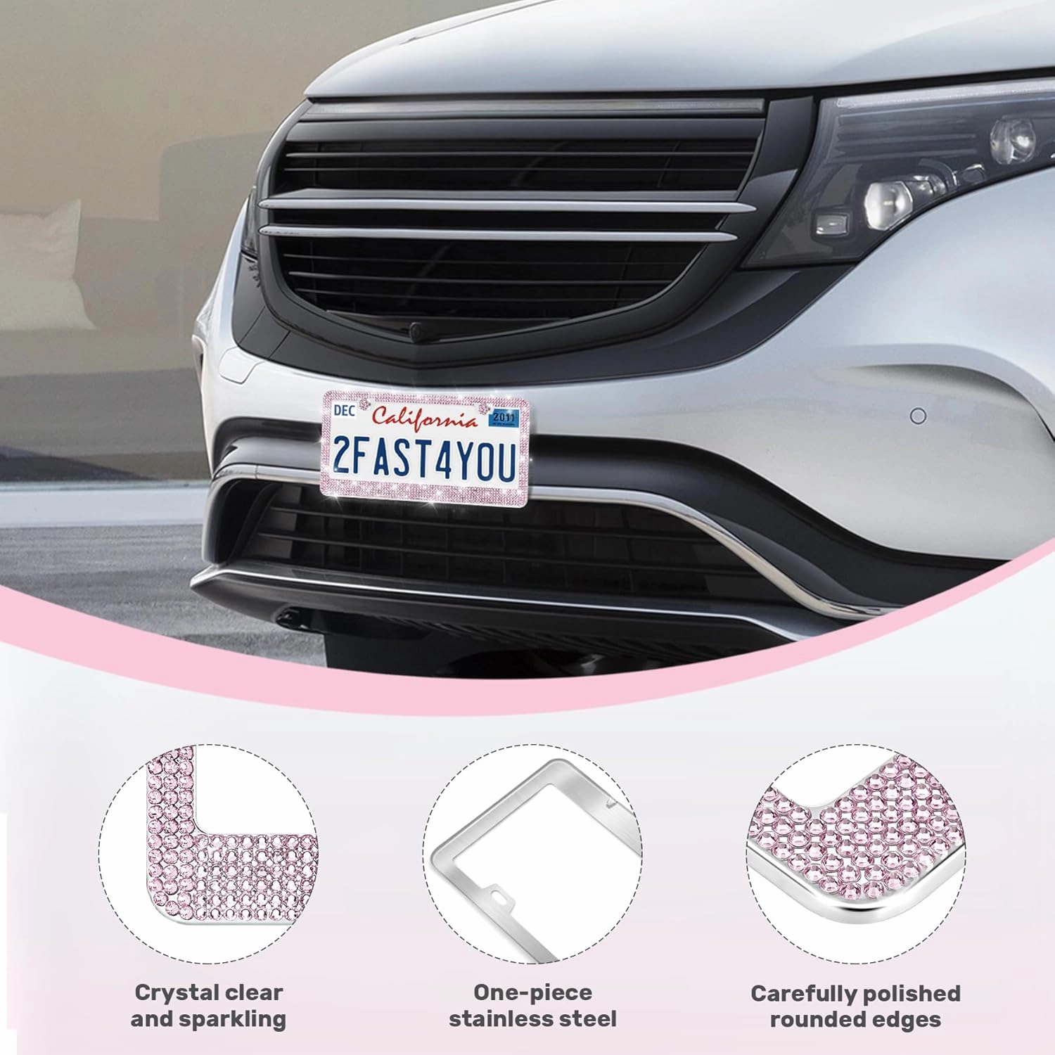 2 Pack Bling License Plate Frames, Sparkly Rhinestone Diamond Car License Plate Cover for Women, Stainless Steel Car Accessories with Glitter Crystal Caps (Light Rose)