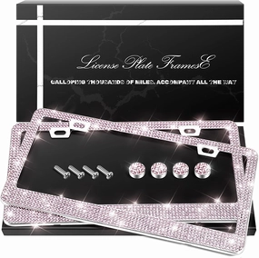 2 Pack Bling License Plate Frames, Sparkly Rhinestone Diamond Car License Plate Cover for Women, Stainless Steel Car Accessories with Glitter Crystal Caps (Light Rose)