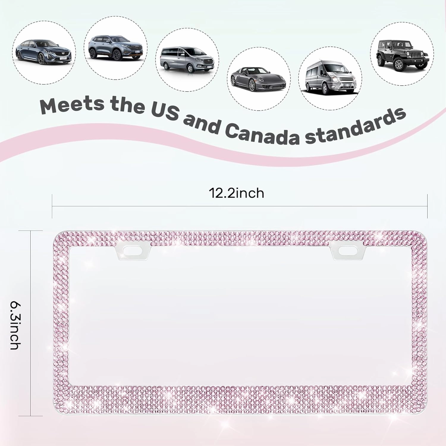 2 Pack Bling License Plate Frames, Sparkly Rhinestone Diamond Car License Plate Cover for Women, Stainless Steel Car Accessories with Glitter Crystal Caps (Light Rose)