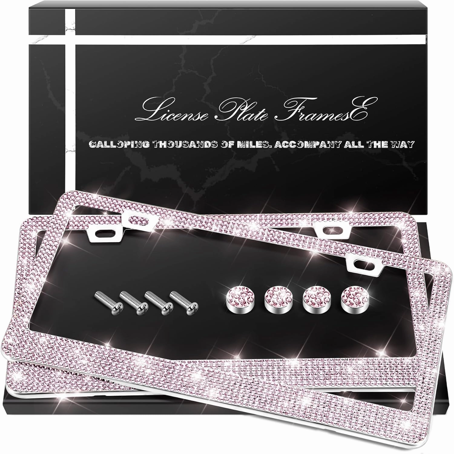 2 Pack Bling License Plate Frames, Sparkly Rhinestone Diamond Car License Plate Cover for Women, Stainless Steel Car Accessories with Glitter Crystal Caps (Light Rose)