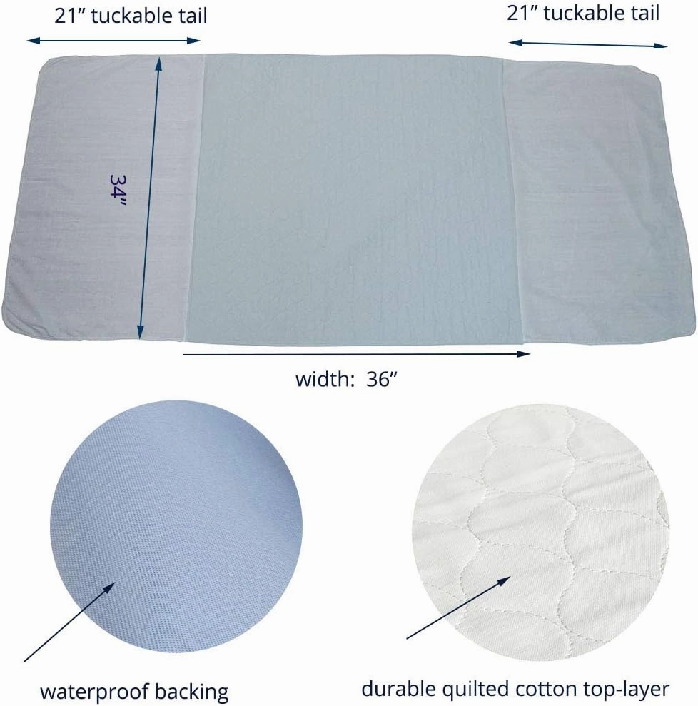 2 Pack Cotton Top-Layer Reusable Tuckable Underpads Incontinence Bed Pads 34"X36" Twin Size 21" Wings