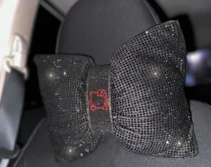 (2pack) Cat Ultra Bling Car Pillow Bowknot Headrest (Black)