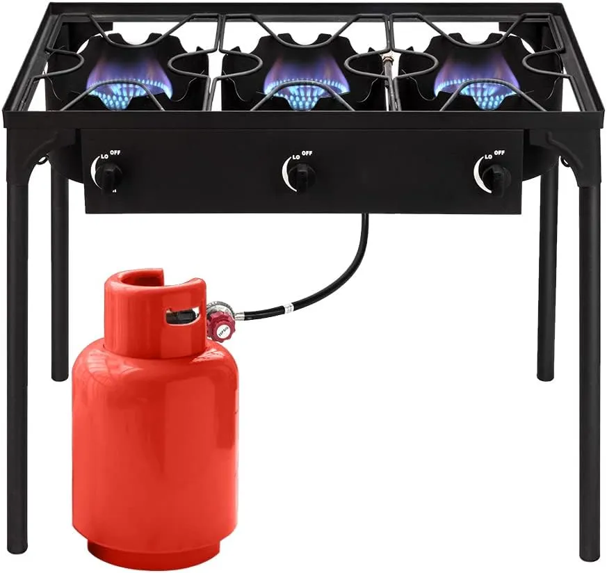 3 Burner Propane Stove, 225,000BTU Outdoor Gas Stove with 0-20 PSI Adjustable Regulator and 4ft Hose, Propane Burners for Outdoor Cooking Patio Backyard Camping with Detachable Stand Legs