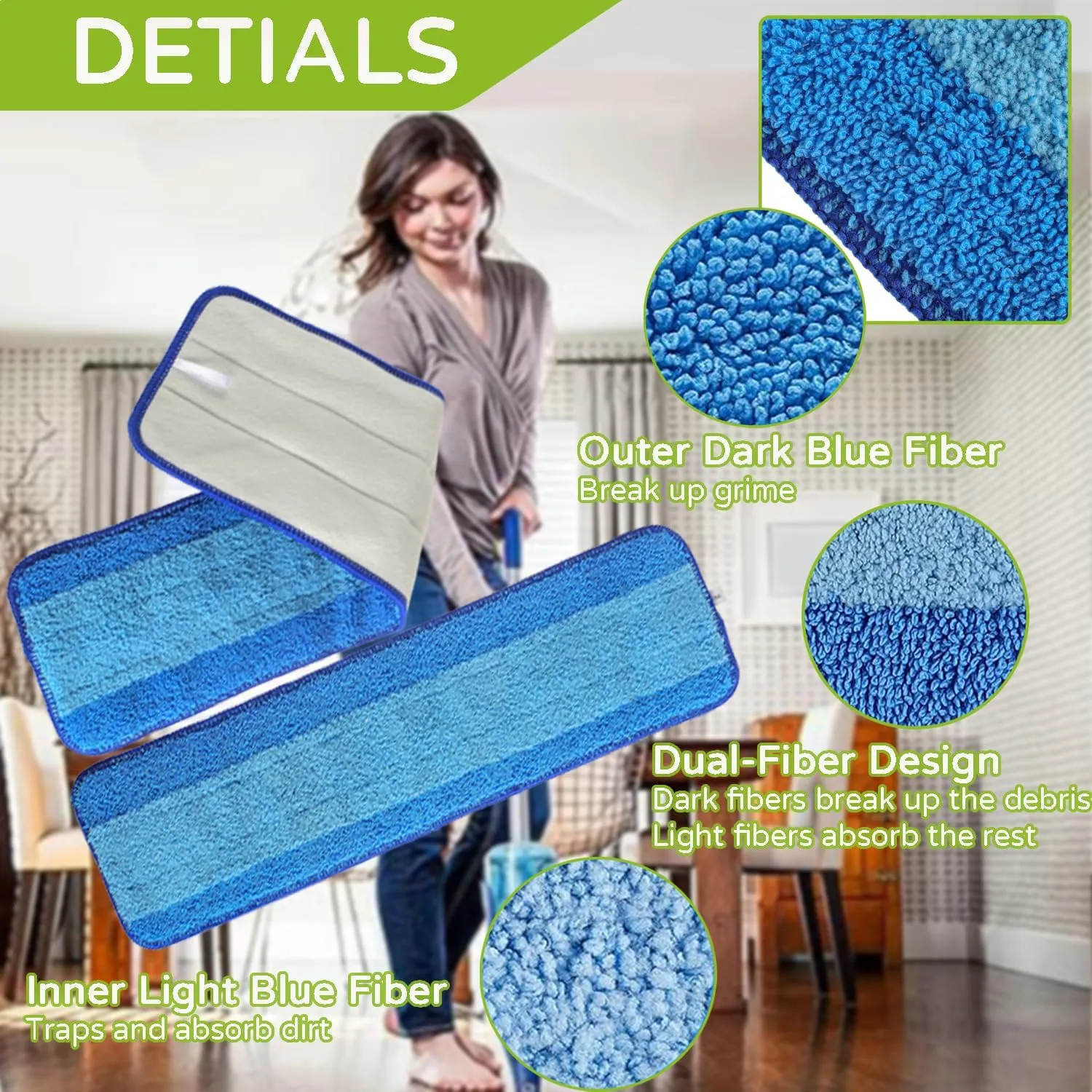 3 Pack Washable & Reusable Microfiber Cleaning Pad for Bona Family of Mops Replacement 18 Inch Used for Hard Surface Floors Cleaning