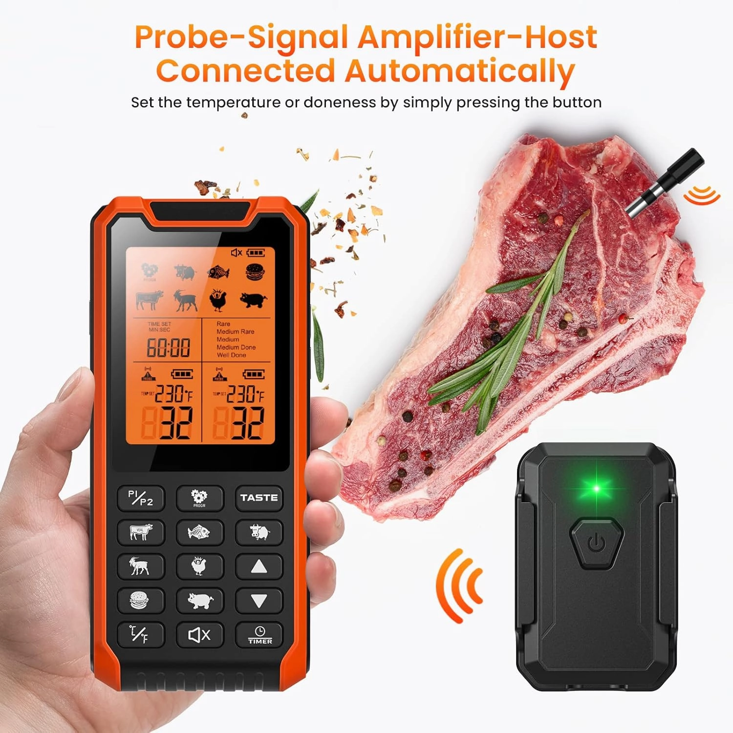 300FT Wireless Meat Thermometer with 2 Probes-Rechargeable, Rechargeable Digital Digital Cooking Thermometer with Alarm Function Preprogrammed Temperatures for The Oven, Kitchen, BBQ IP67