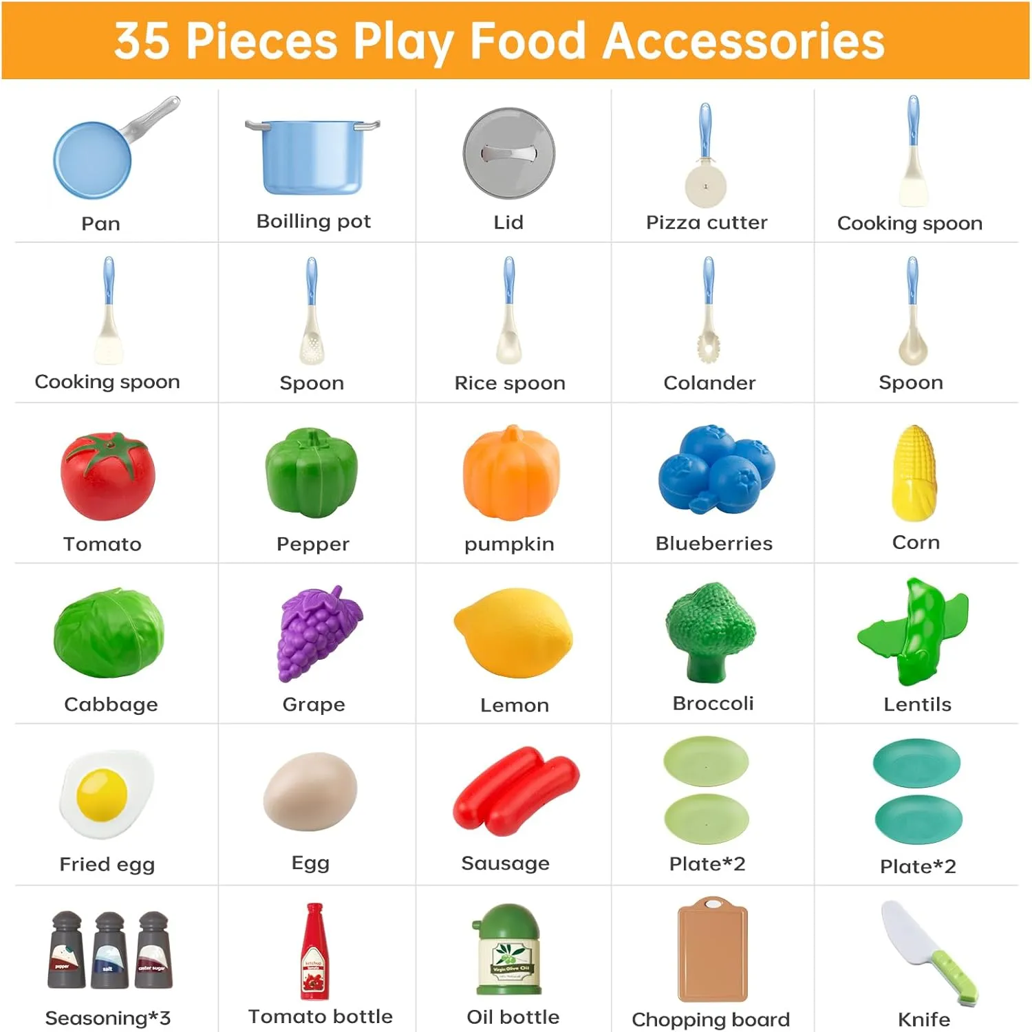 35Pcs Kids Kitchen Toy Accessories, Toddler Pretend Cooking Playset with Play Pots and Pans, Utensils Cookware, Play Food Set, Toy Vegetables, Learning Gift for Girls Boys (Blue)