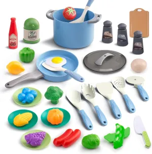 35Pcs Kids Kitchen Toy Accessories, Toddler Pretend Cooking Playset with Play Pots and Pans, Utensils Cookware, Play Food Set, Toy Vegetables, Learning Gift for Girls Boys (Blue)