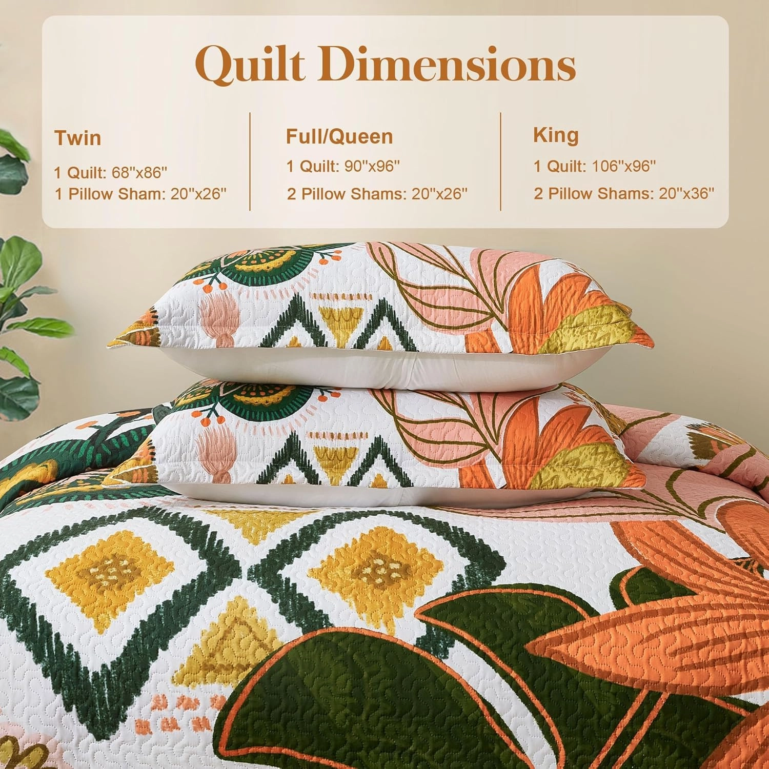 3 Piece Boho Floral King Size Quilt Sets Farmhouse Botanical Reversible Lightweight Bedspread Coverlet with 2 Shams Mid Century Leaves Microfiber Bedding Quilts Set for All Season, 106''x96''