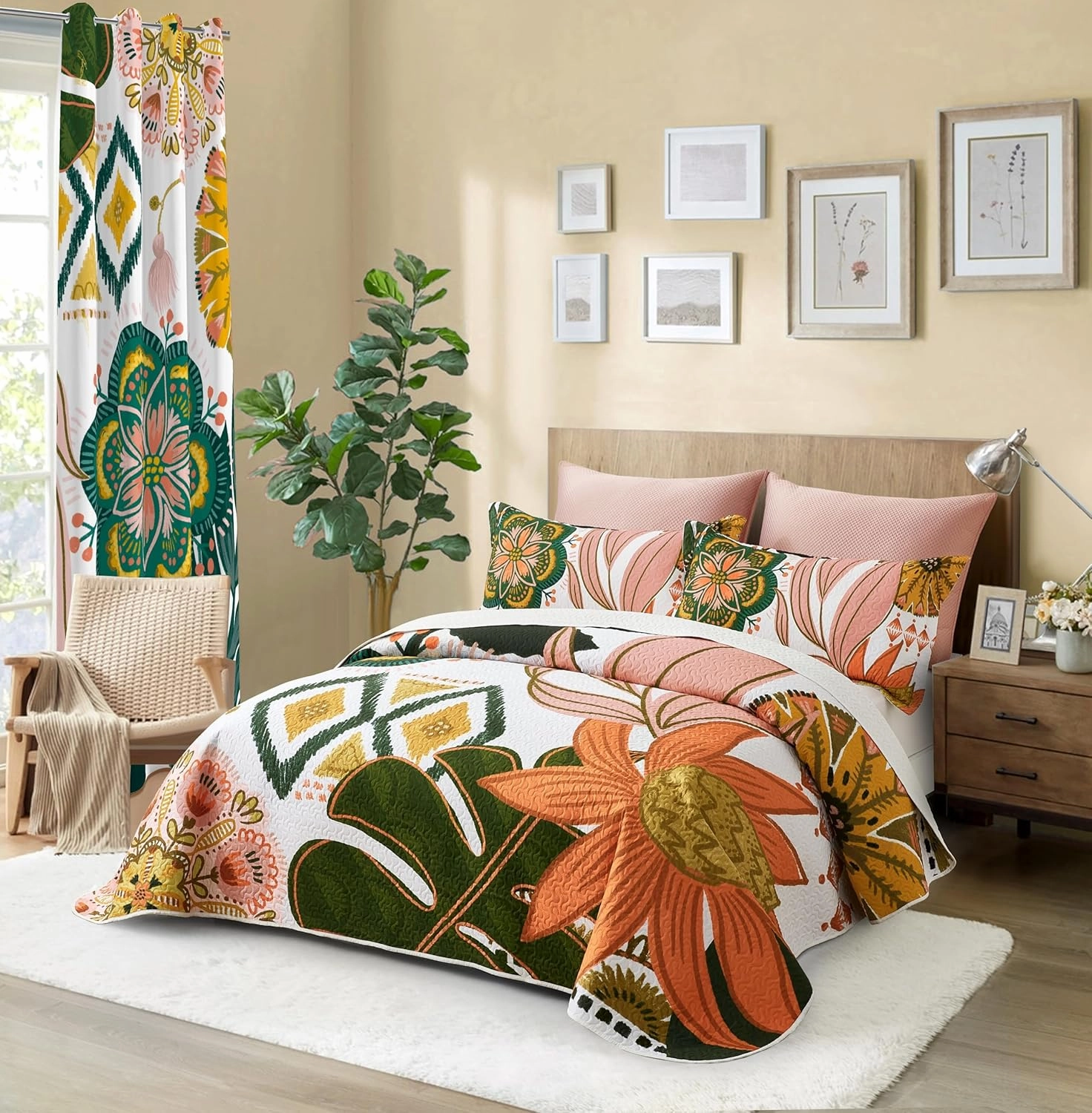3 Piece Boho Floral King Size Quilt Sets Farmhouse Botanical Reversible Lightweight Bedspread Coverlet with 2 Shams Mid Century Leaves Microfiber Bedding Quilts Set for All Season, 106''x96''