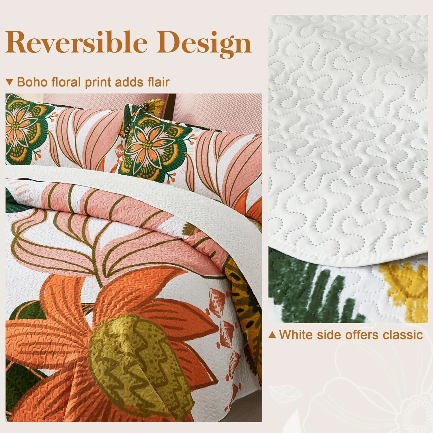 3 Piece Boho Floral King Size Quilt Sets Farmhouse Botanical Reversible Lightweight Bedspread Coverlet with 2 Shams Mid Century Leaves Microfiber Bedding Quilts Set for All Season, 106''x96''