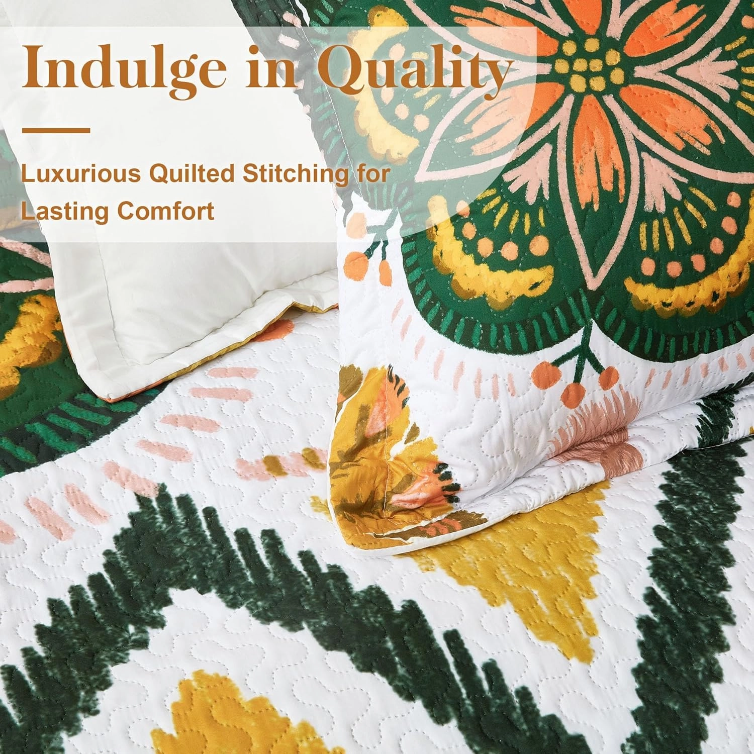 3 Piece Boho Floral King Size Quilt Sets Farmhouse Botanical Reversible Lightweight Bedspread Coverlet with 2 Shams Mid Century Leaves Microfiber Bedding Quilts Set for All Season, 106''x96''