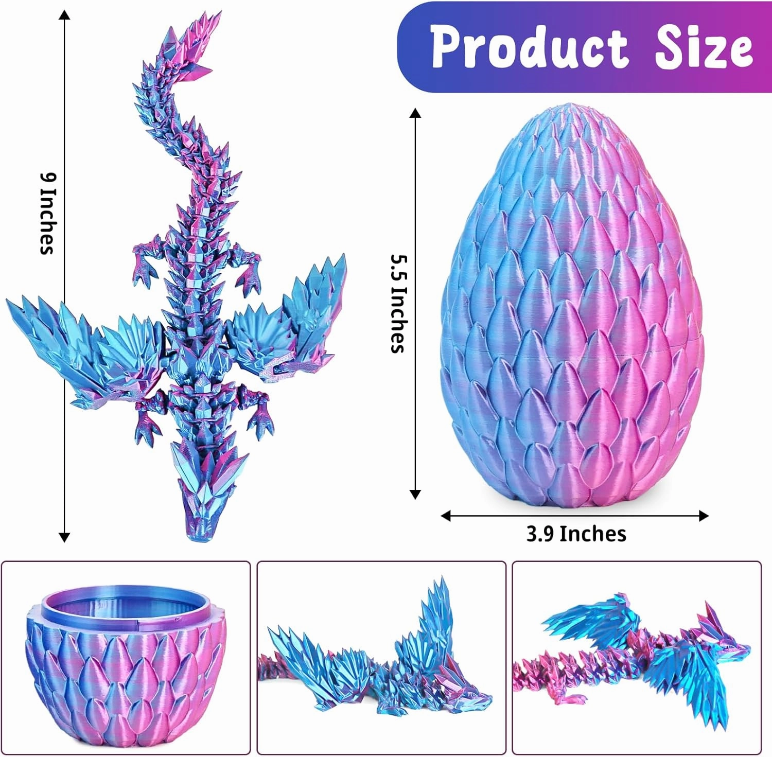 3D Printed Flying Dragon Egg with Articulated Dragon Inside–Toys&Gifts for Kids,Home Decor,Creative Ornaments,Birthday,Easter (Mysterious Purple)