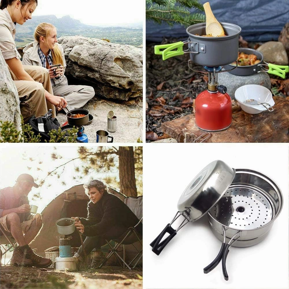 3pcs Camping Cookware Set, Includes Frying Pan, Pot with Lid, Plate, Non-Stick Lightweight Stainless Steel Pot Pan Set For Camping, Backpacking, Tailgating, RVs,Outdoor Cooking and Picnic