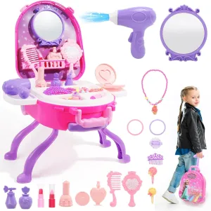 4 in 1 Girls Vanity Set Dress Up Toy Vanities 40 PCS Toddler Vanity with Fashion Accessories, Pretend Makeup for Toddlers 3-5, Play Makeup for Girls 3-7 Best Birthday Christmas Festival Gift