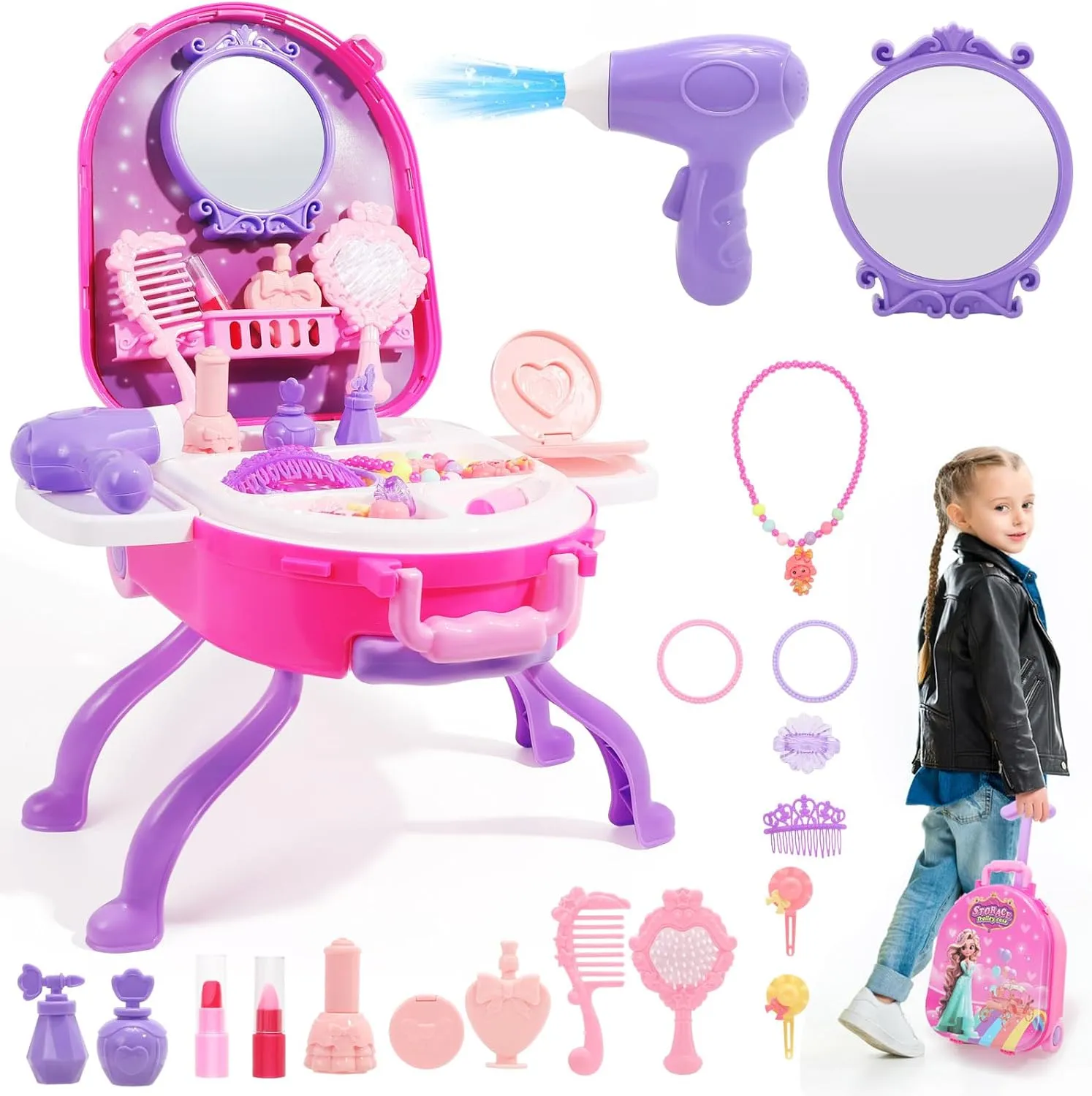 4 in 1 Girls Vanity Set Dress Up Toy Vanities 40 PCS Toddler Vanity with Fashion Accessories, Pretend Makeup for Toddlers 3-5, Play Makeup for Girls 3-7 Best Birthday Christmas Festival Gift