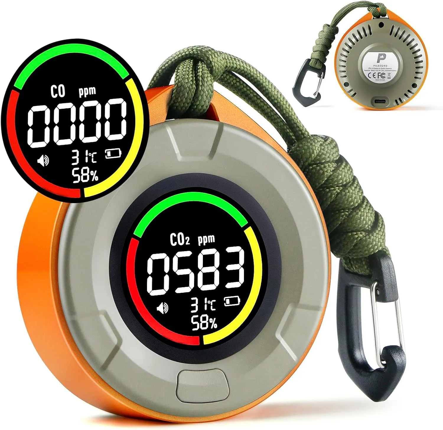4-in-1 Portable Carbon Monoxide and Carbon Dioxide Detector, Upgraded Rechargeable Travel CO & CO2 Monitor 3-Day Standby, Premium Real-Time CO & CO2 Alarm for Air Safety & Quality (Orange)