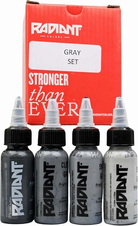 4 Gray Set Radiant Tattoo Ink 1oz Bottle for Color Tattooing and Shading Real Human Skin by Radiant Colors