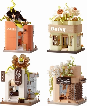 4 in 1 Modern Flower Street Shop Building Block Set, 3758 Pieces MOC Street View House Building Kit, Modular House Building Block Toy Gift Suitable for Teenagers and Adults