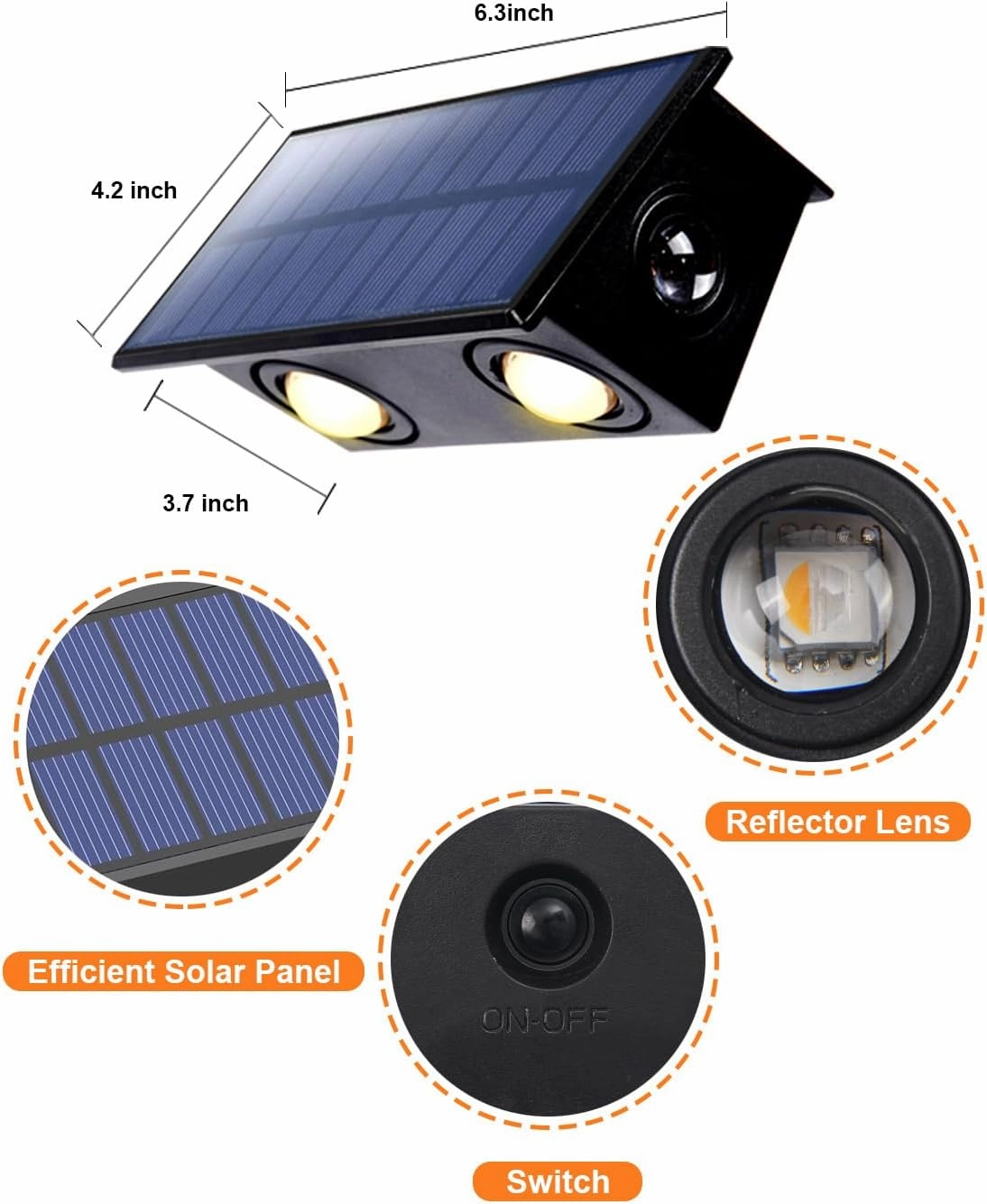 4 Pack 3-Side Solar Fence Lights Outdoor Waterproof with Warm White LED Spot Lens, for Wall, Deck, Patio, Yard, Rail, Garage, Pool, Designed for Enhanced Security, Easy Install