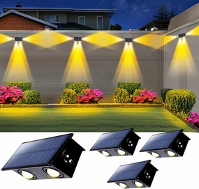 4 Pack 3-Side Solar Fence Lights Outdoor Waterproof with Warm White LED Spot Lens, for Wall, Deck, Patio, Yard, Rail, Garage, Pool, Designed for Enhanced Security, Easy Install