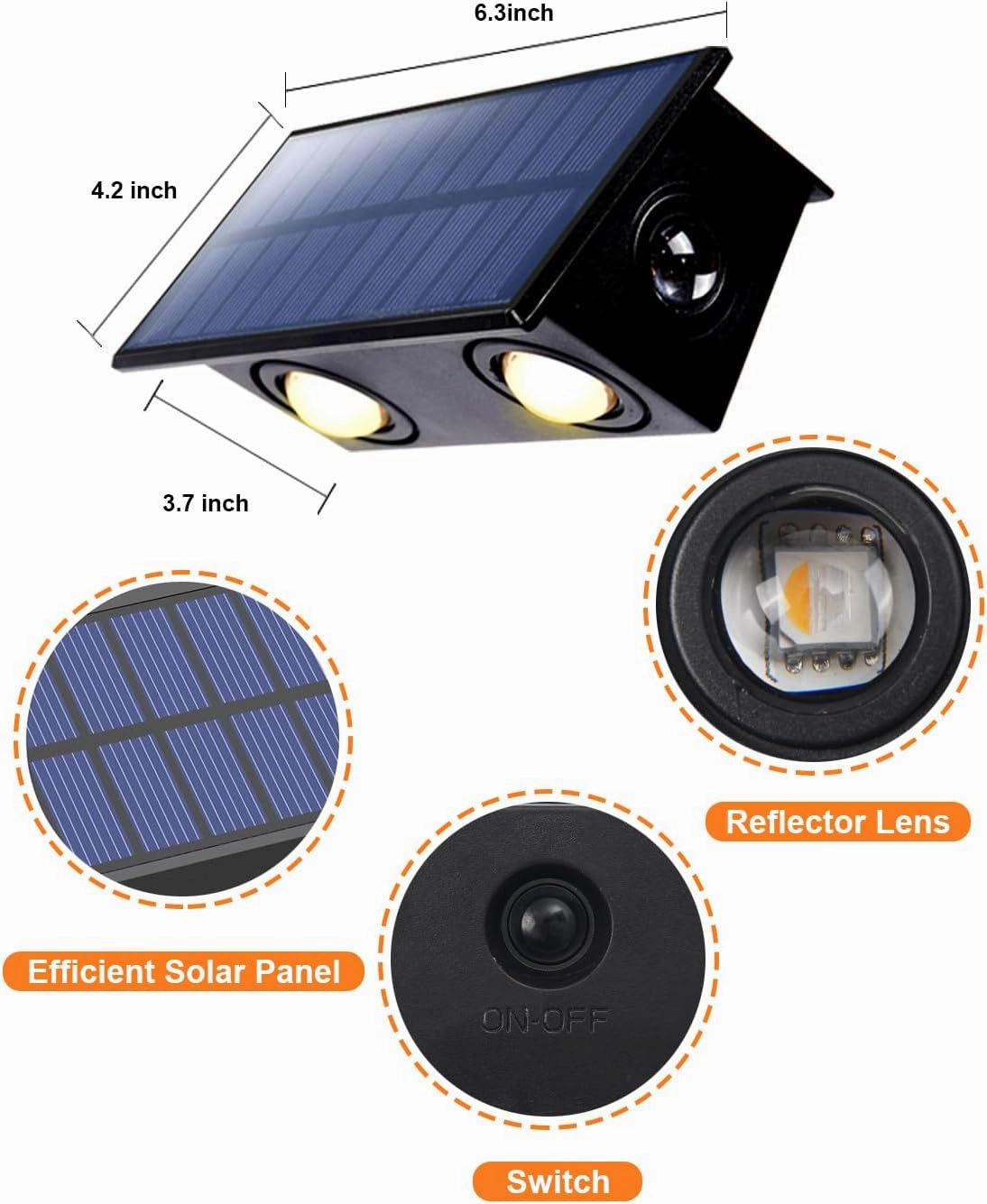 4 Pack 3-Side Solar Fence Lights Outdoor Waterproof with Warm White LED Spot Lens, for Wall, Deck, Patio, Yard, Rail, Garage, Pool, Designed for Enhanced Security, Easy Install