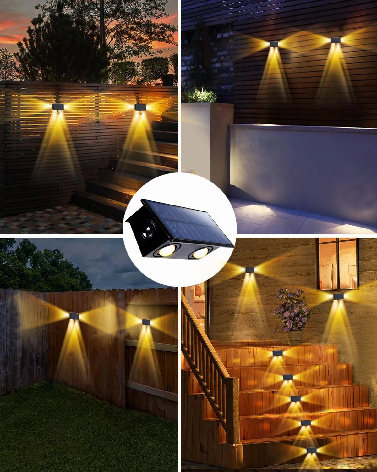 4 Pack 3-Side Solar Fence Lights Outdoor Waterproof with Warm White LED Spot Lens, for Wall, Deck, Patio, Yard, Rail, Garage, Pool, Designed for Enhanced Security, Easy Install