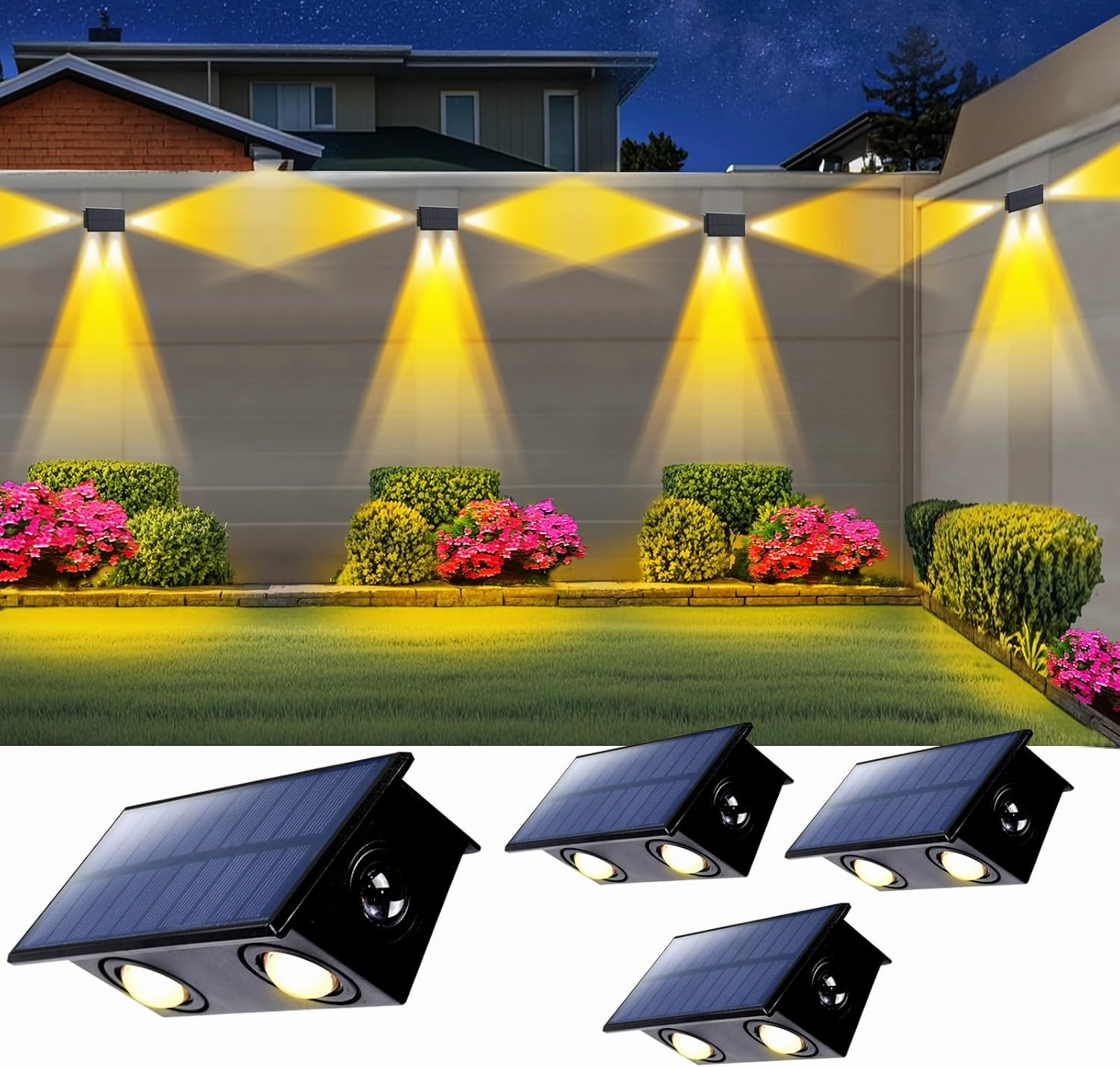 4 Pack 3-Side Solar Fence Lights Outdoor Waterproof with Warm White LED Spot Lens, for Wall, Deck, Patio, Yard, Rail, Garage, Pool, Designed for Enhanced Security, Easy Install