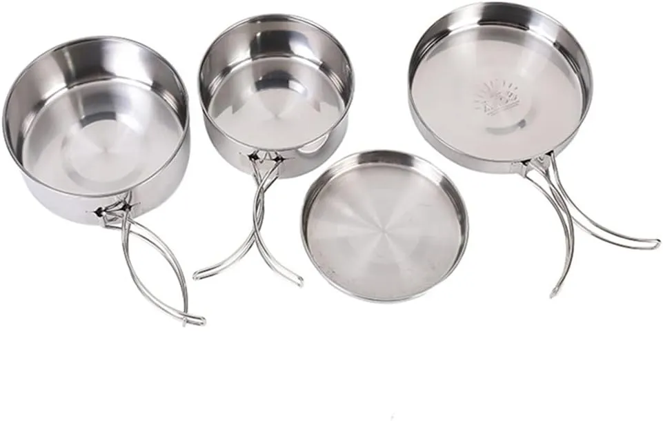 4Pcs Outdoor Camping Cooking Pots Kit Camping Stainless Steel Cookware with 2 Cooking Pot/Frying Pan/Lid