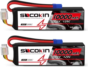 4S LiPo Battery 14.8V 10000mAh 120C 4S Lipo Batteries with EC5 Connector Soft Case for Arrma Axial Losi 1/5 1/6 1/7 Scale RC Car Truck Boat Airplane Helicopter Quadcopter Models 2 Pack