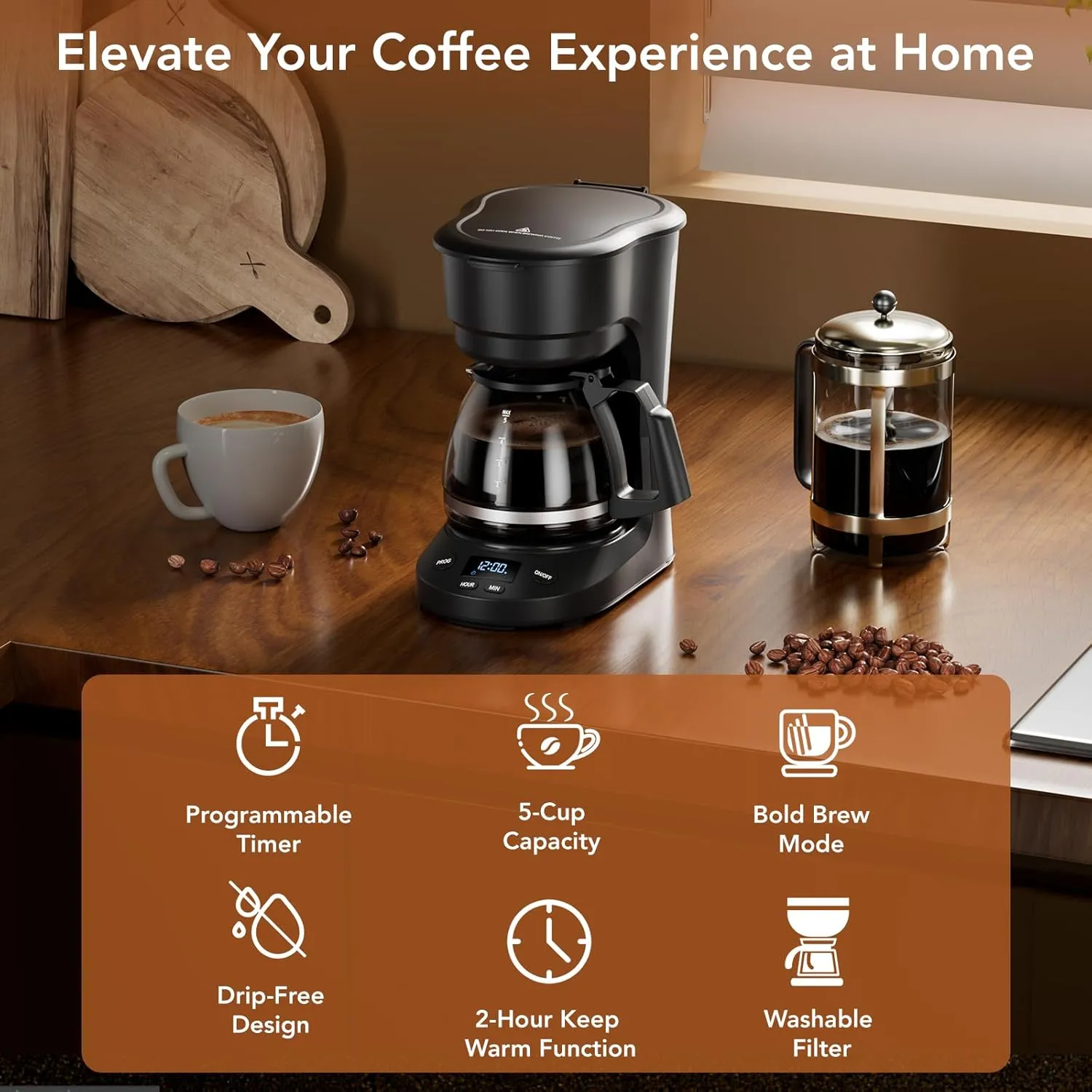 5-Cup Drip Coffee Maker with 24H Programmable Timer, Delay Brew, Keep Warm Plate, 25oz Water Reservoir, Auto-Shut, Reusable filter, Overheat-protection, Ideal for Home/Office/Outside-Black