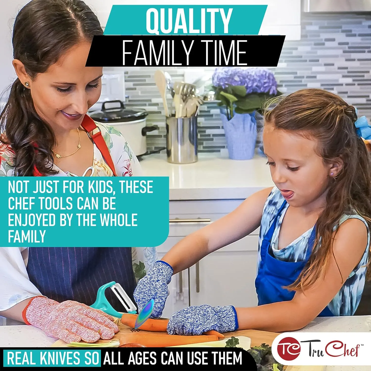 5-Piece Kids Cooking Chef Knife Set | Real Stainless Steel Knives with Peeler, Serrated Knife & Holder | Kids Safe Rounded Tips, Easy-Grip Handles | Kitchen Knife Set (5 pcs, Aqua)