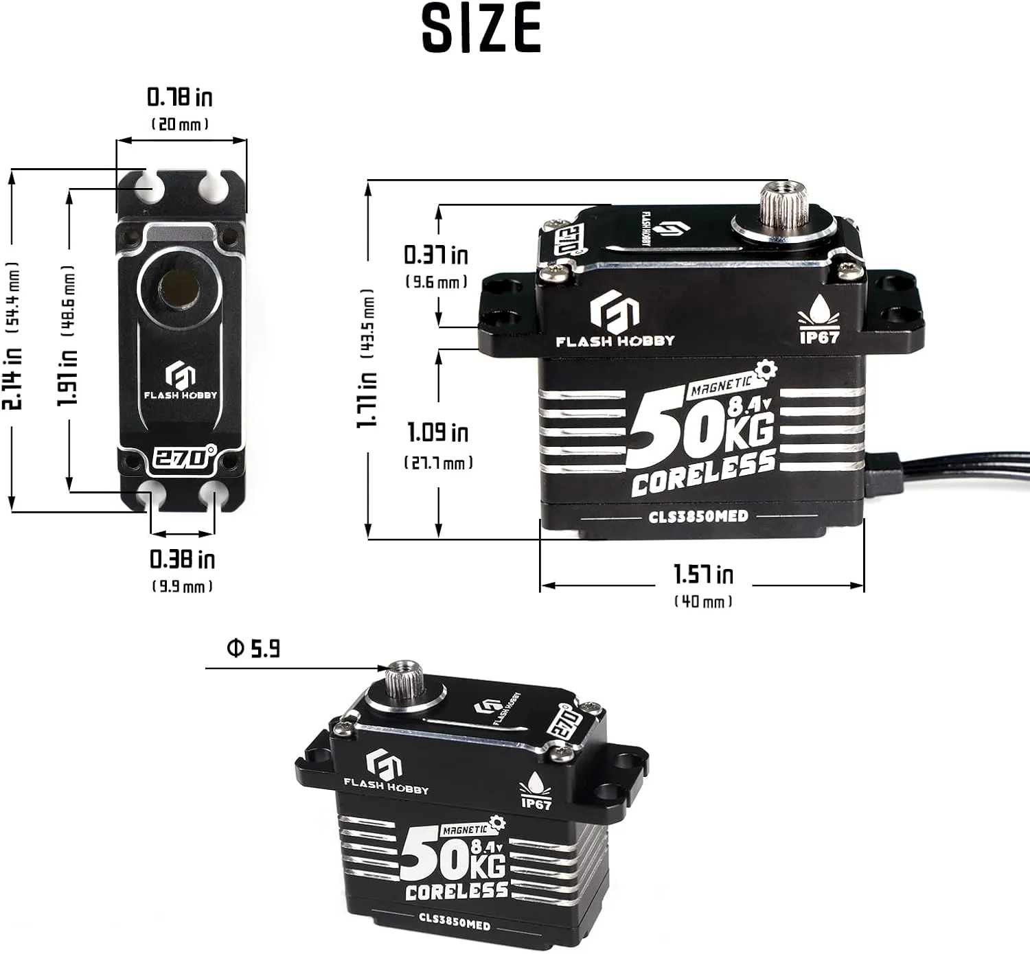 50KG Coreless Servo 8.4V High Torque Servo, Full Metal Gear Servo with IP67 Waterproof & Magnetic Support Sanwa SSR/NB4/Futaba for 1/8 1/10 Scale RC Crawler Cars, Trucks & Robotic Parts(270°)