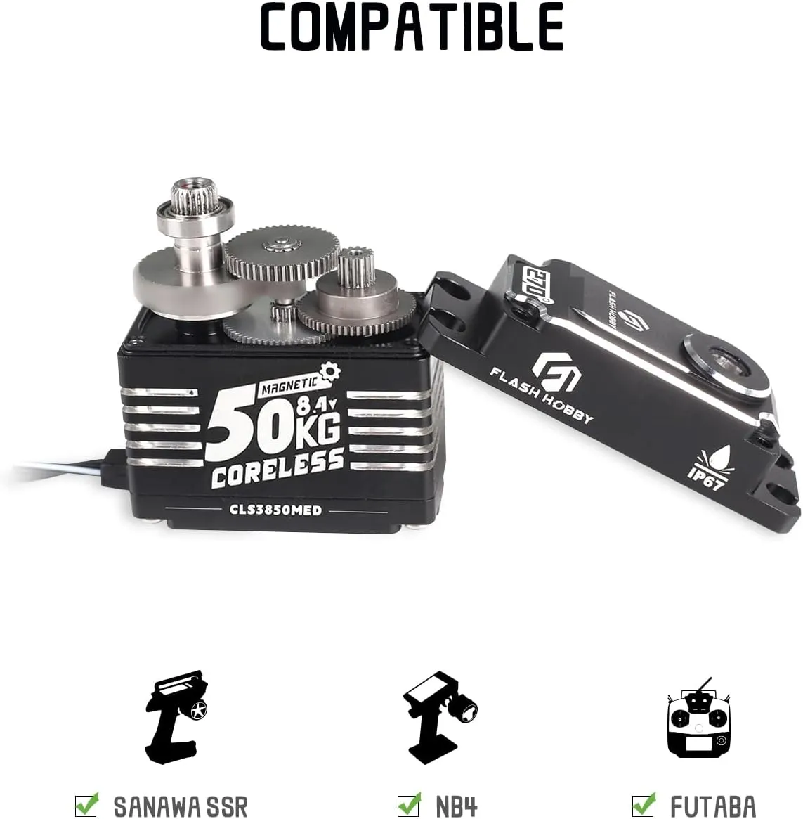 50KG Coreless Servo 8.4V High Torque Servo, Full Metal Gear Servo with IP67 Waterproof & Magnetic Support Sanwa SSR/NB4/Futaba for 1/8 1/10 Scale RC Crawler Cars, Trucks & Robotic Parts(270°)
