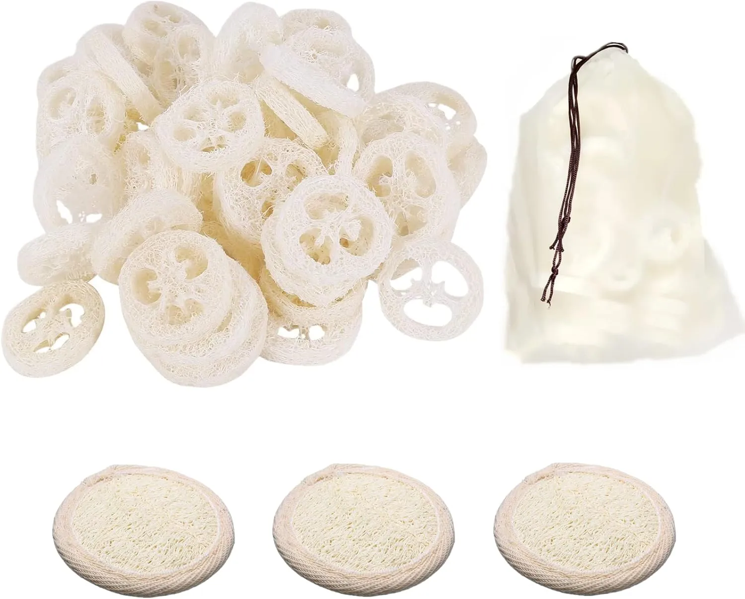 50Pcs Natural Loofah Cuts Slice of 3.15inch, Reusable Cleaner Sponge Scrubber, Facial Soap Holder and DIY Customize Soap Tools, with 3Pcs Exfoliating Loofah Pad and 1 Storage Bag